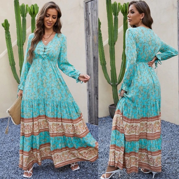 Pink cream floral print long bishop sleeve boho gypsy maxi dress - Picture 3 of 3